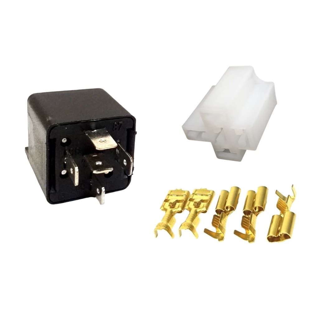 Rele Auxiliar Automotivo Com Suporte Fixação 5 Pinos 40a 12v e Conjunto Conector Porta Relê 5 Vias Branco Universal