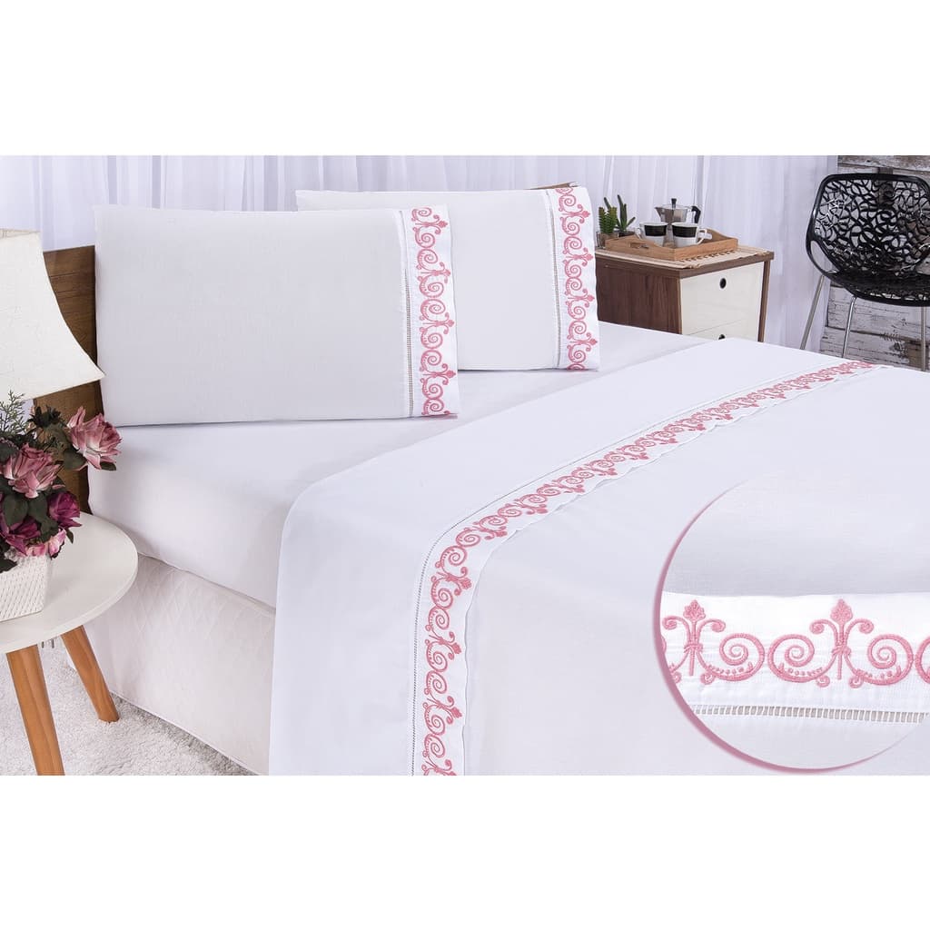 Jogo De Cama Casal King 4pçs Bordado Percal 400 Fios Toque Macio