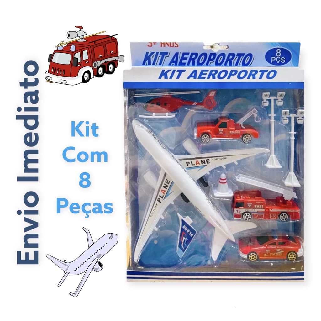 Kit de Aeroporto metal Avião de Brinquedo Veículos Bombeiro Policia carrinho caminhao com 8 peças