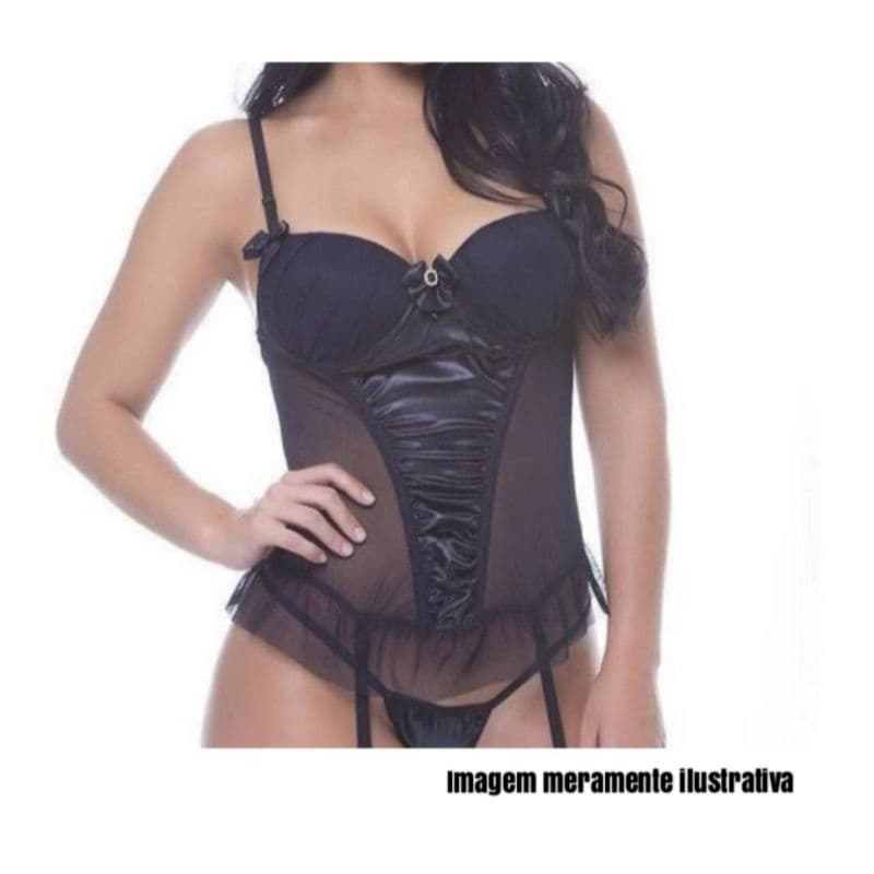 Corselet/Corset/Espartilho/Corpete/Com Bojo/Calcinha/Tanga/Fio Dental/Preto/Detalhe em Cetim/G
