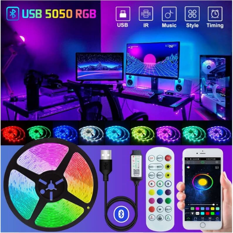 Fita LED RGB 5050 5, 10, 15, 20 Metros Bluetooth Via App + Controle IR Com Fonte - Fita LED para Quarto Sala TV