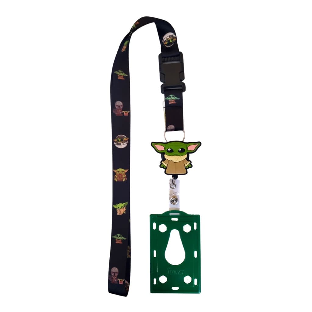 Kit Cordão Baby Yoda com Fecho Engate Rápido + Porta Crachá Retrátil Baby Yoda + Porta Cartão Verde