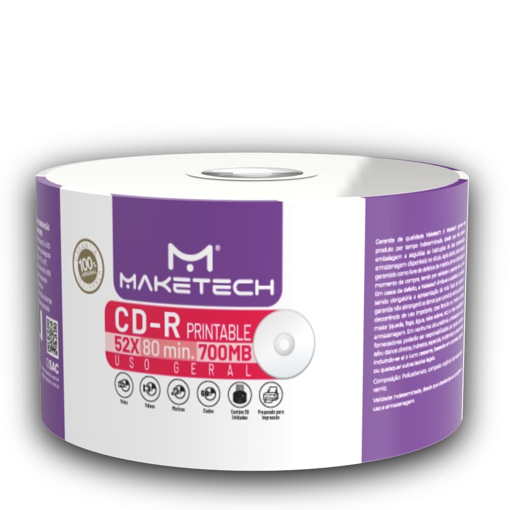 50 Mídia Virgem Cd-r Maketech Printable Impressão 700mb 80min Promoção!