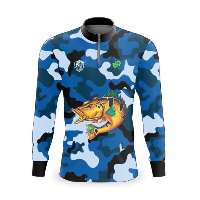 camiseta de pesca manga longa premium azul camuflado