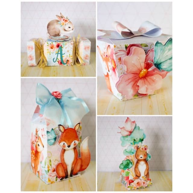 20 Caixas Personalizadas Lembrancinhas Tema Bosque Encantado:Caixa Milk/Sushi/Bala/Pirâmide(cone)