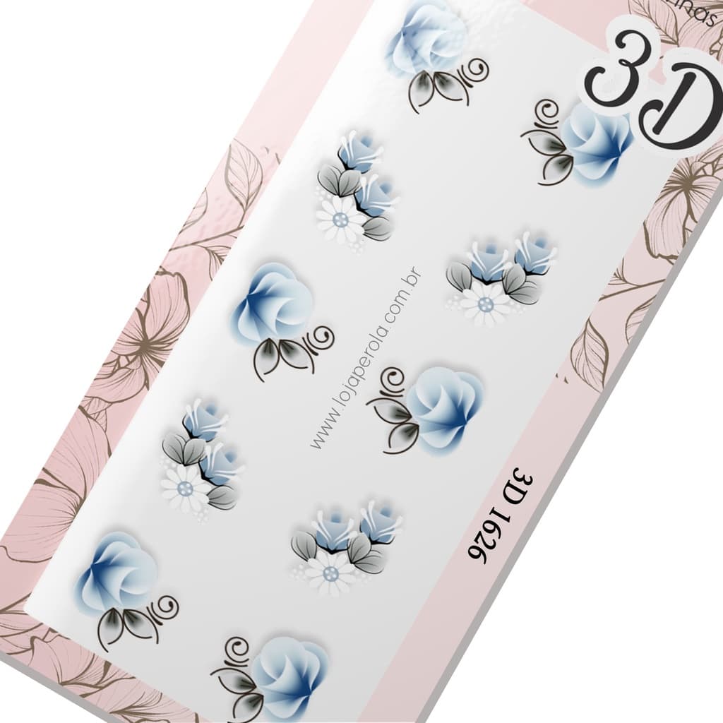 Adesivo 3D de Unhas-Rosas azuis de carga dupla e margaridas delicadas comazul-3D 1626