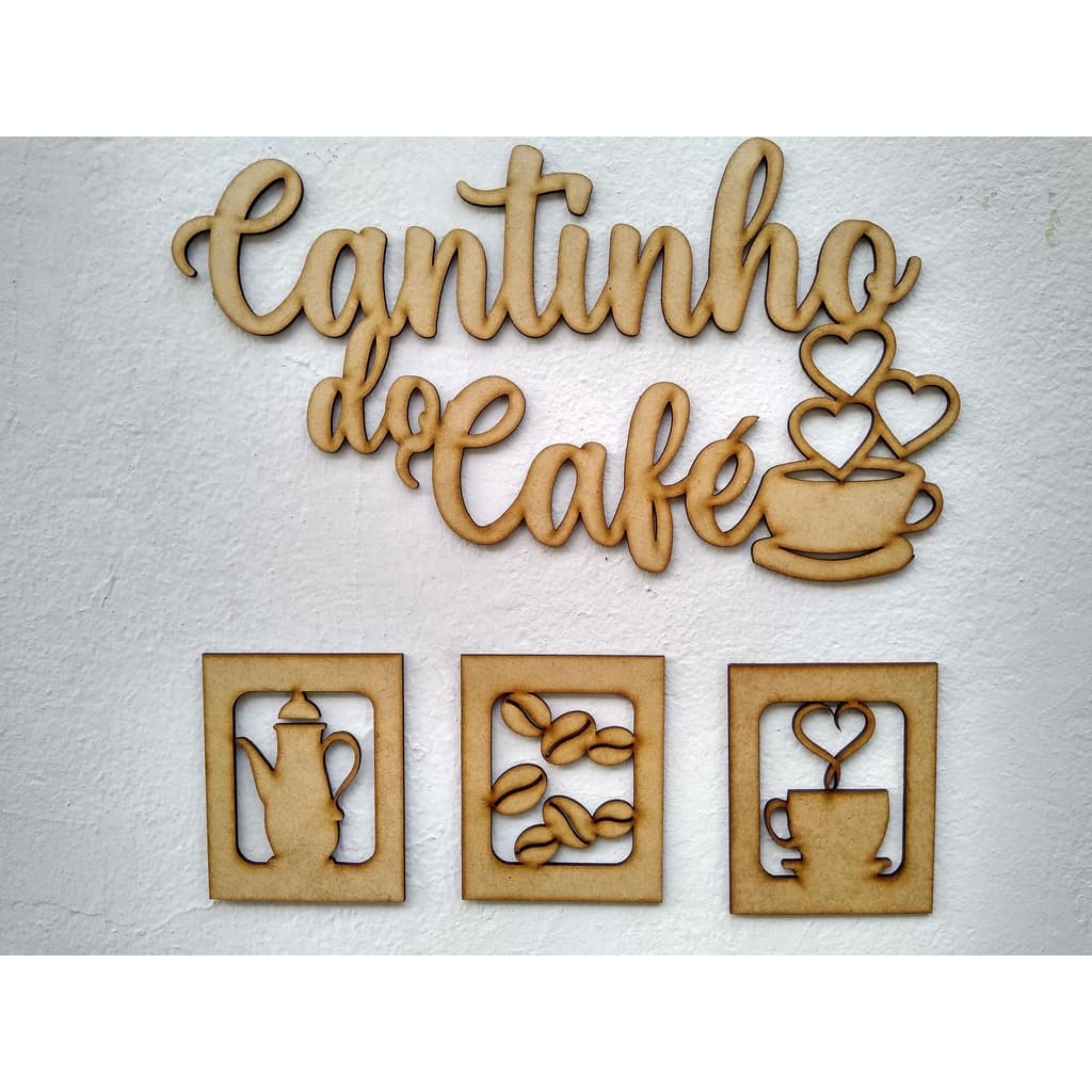 Kit Cantinho Do Café Mdf Cru 4 Peças Alto Relevo 30 Cm Decoração Cozinha, Casa