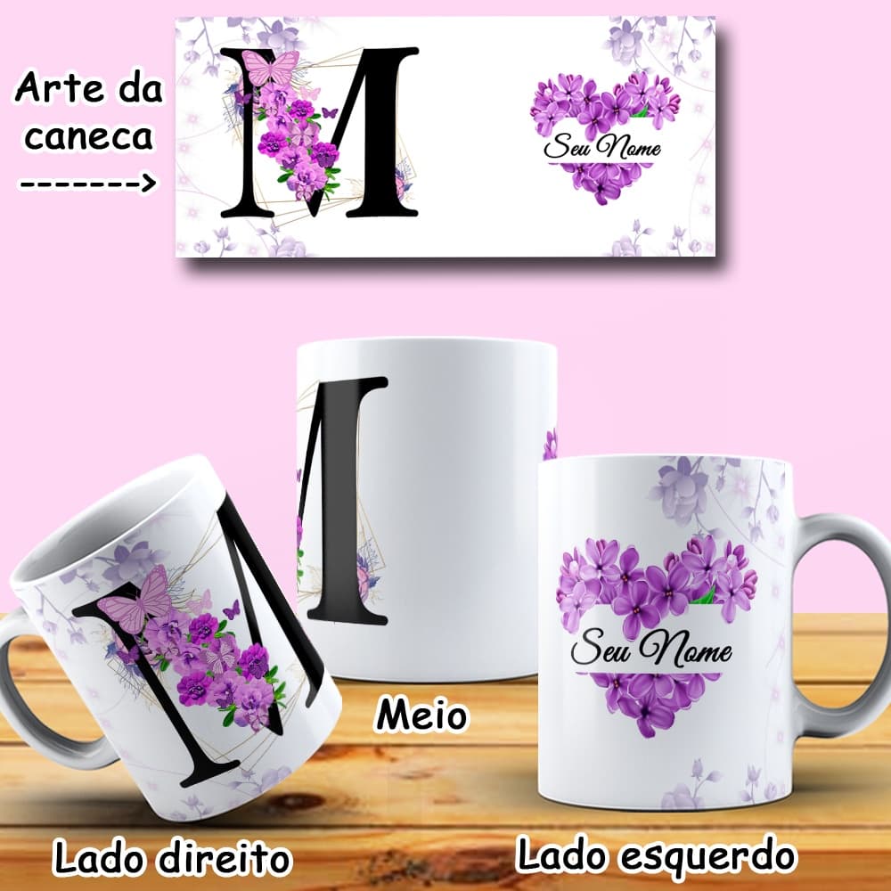 Caneca Alfabeto Lilás, Caneca com Inicial e Nome de A a Z, Porcelana 325 ML