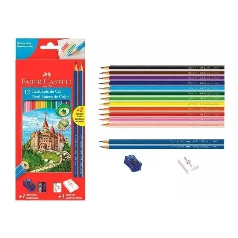 Lapis De Cor 12 Cores Faber Castell Eco Lapis + Kit Escolar