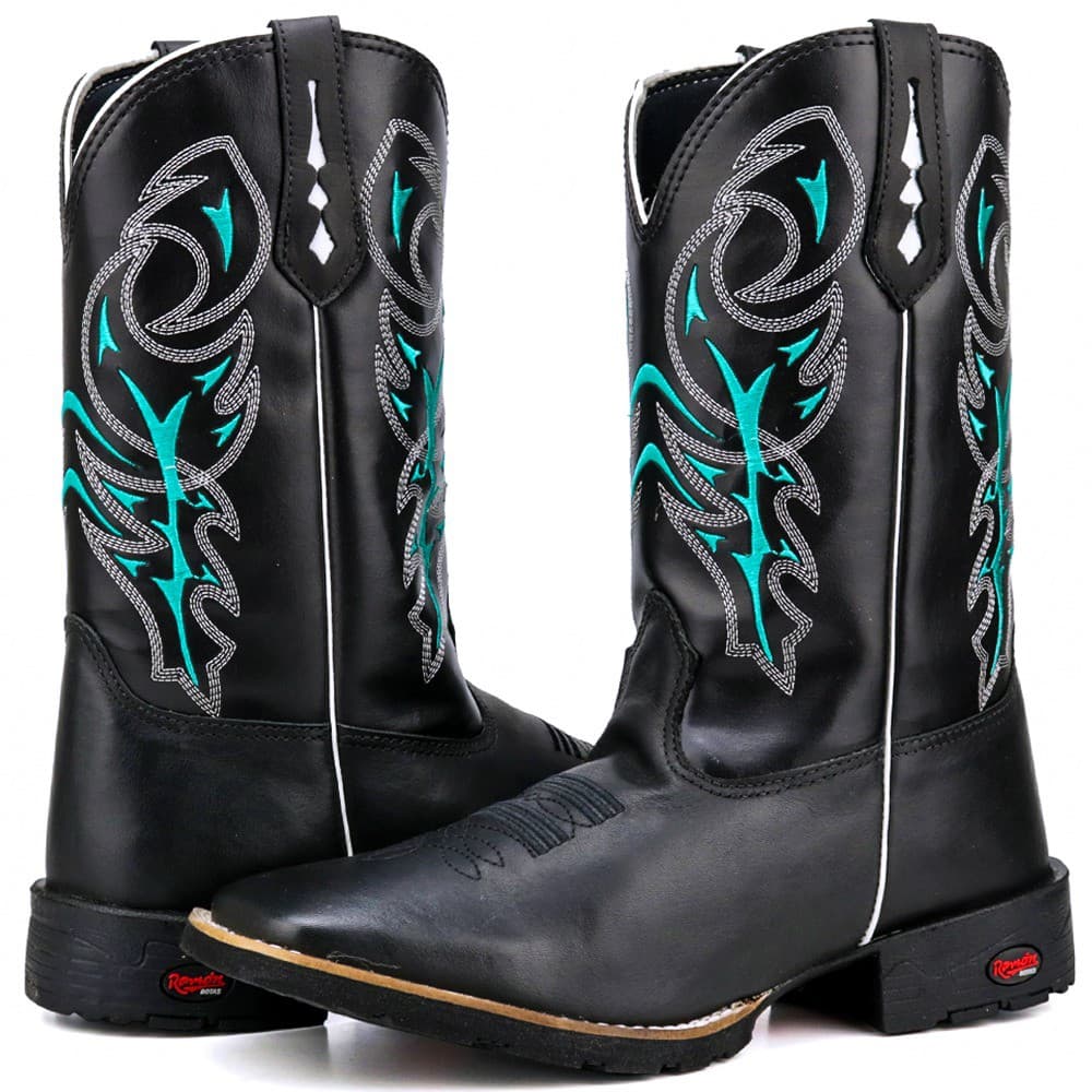 Bota Infantil Masculina Texana Country Menino Cowboy Preta Bordado Verde Couro Legitimo