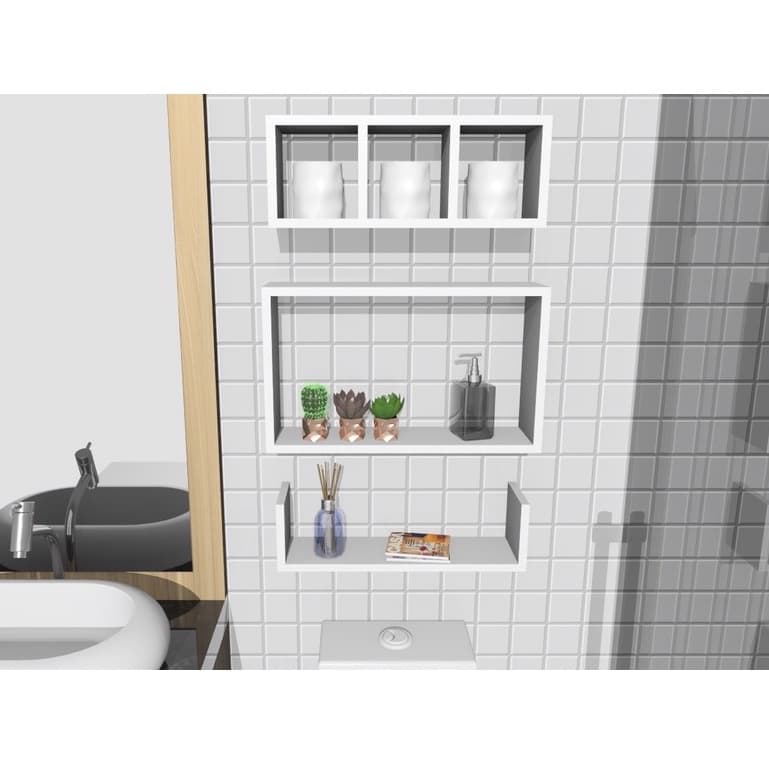 Kit 3 Nicho para Prateleira Banheiro MDF Branco Porta Papel Higiênico Multiuso