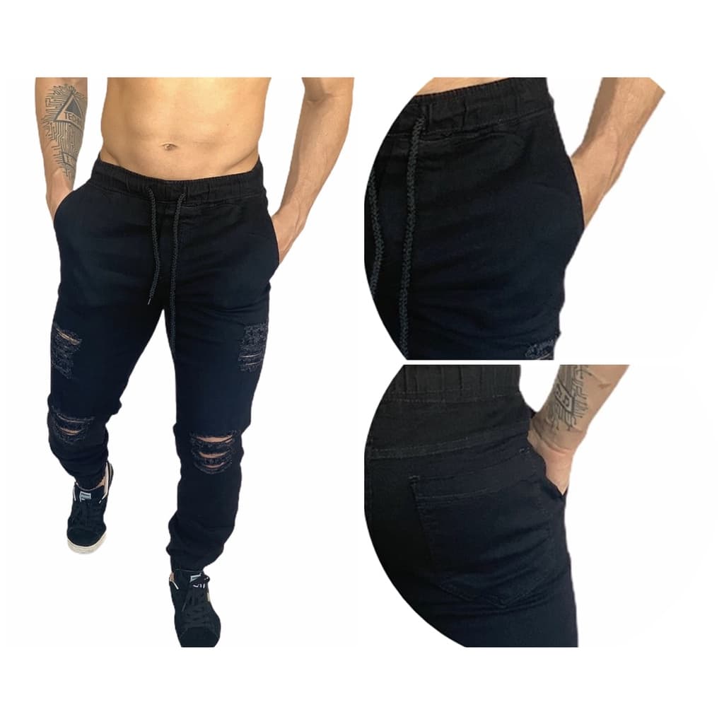 Calça Jogger Masculina Rasgada Jeans Preta Básica - Moda Veraõ 2022