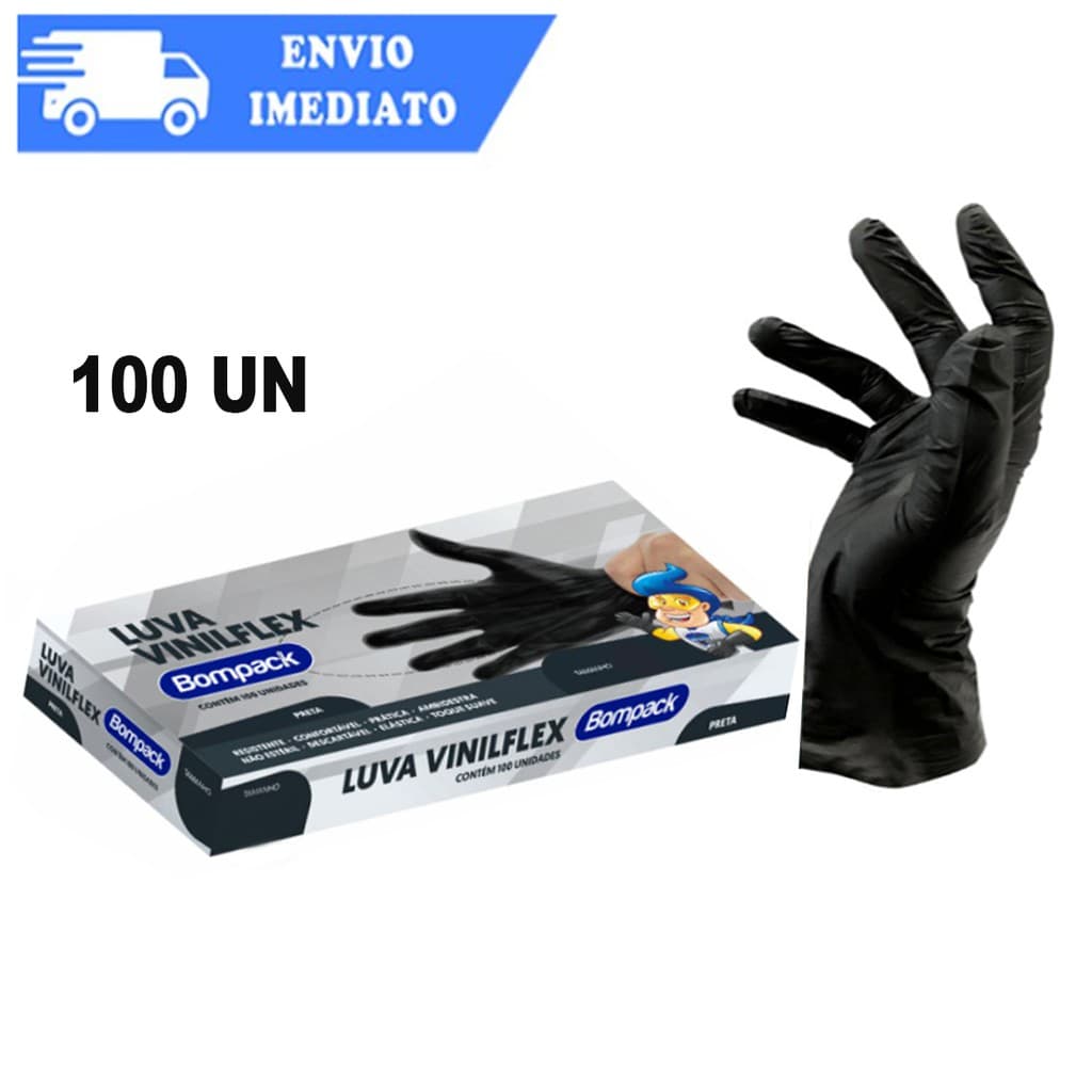 Luva Vinilflex Descartável Tamanho P M G Preta S/ Látex 100unid - Bompack