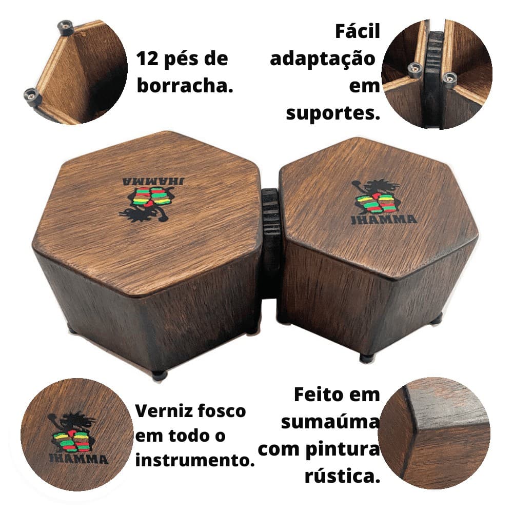 Bongô Cajon Hexagonal Rustic Séries Jhamma Percussões