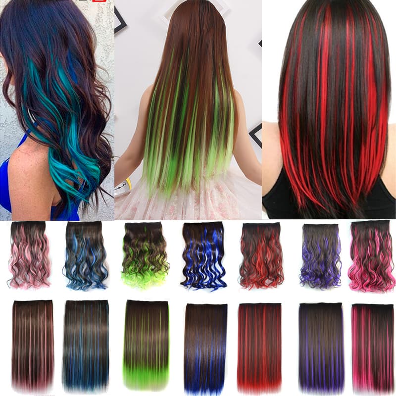 Cabelo Liso Longo / Cabelo Encaracolado Peruca 5 Clips Sobre As Extensões Do Cabelo / Marrom Destaque Rosa / Vermelho / Azul / Verde Postiços
