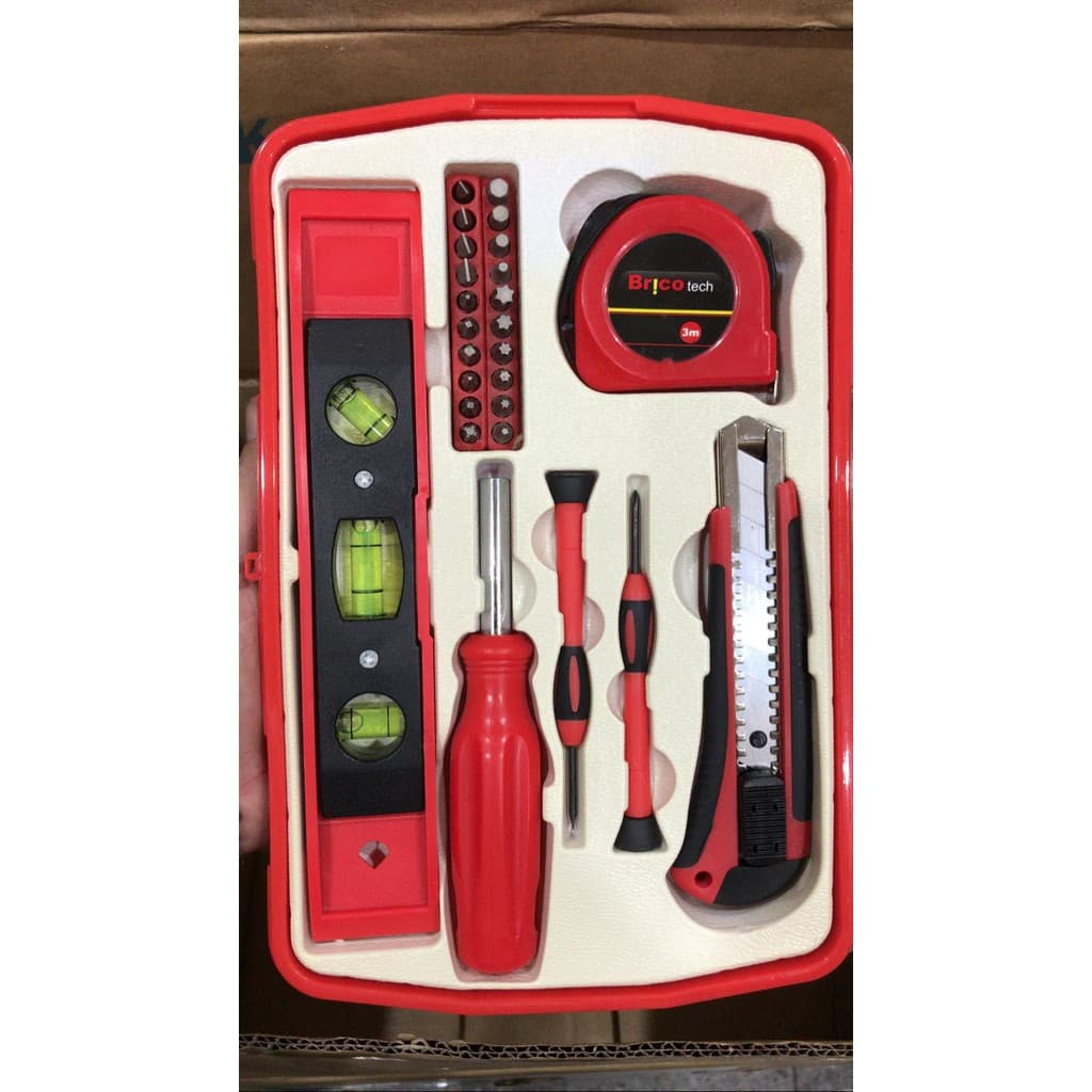 KIT DE FERRAMENTAS COM 26 PEÇAS PROFISSIONAL + MALETA DE PROTEÇÃO = ESTILETE + TRENA + MEDIDOR NIVEL + KIT MINI BITS MULTI CHAVES FENDA PHILIPS = FOTO REAL DO PRODUTO