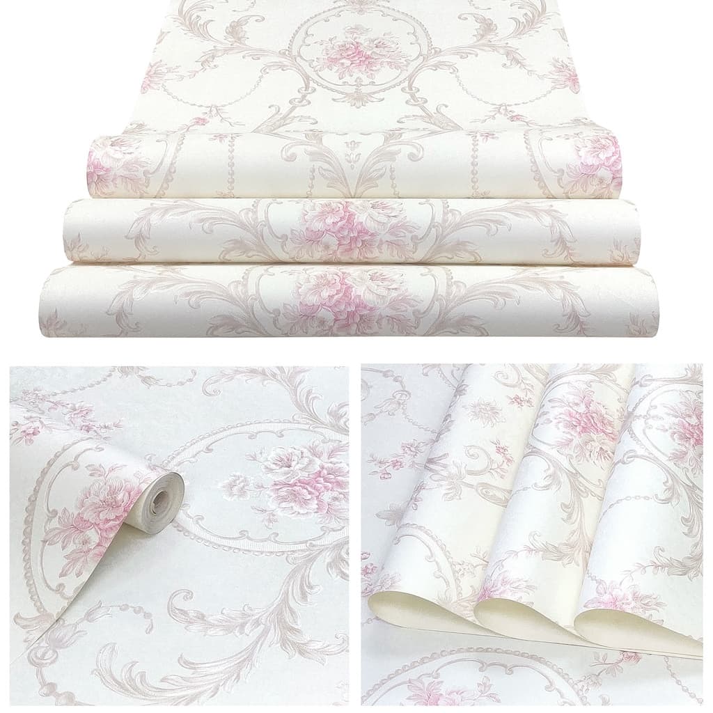 Papel de Parede Vinílico Importado Alto Relevo Rolo 10m x 53cm + Cola Especial Grátis - Fundo Pérola com Flores Rosas