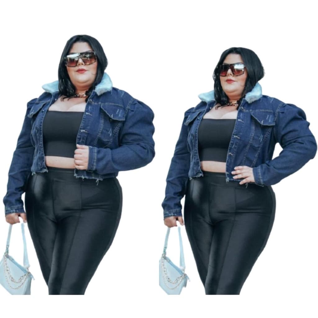 Jaqueta Casaco Jeans Feminino Com Pelinho Na Gola Plis Size