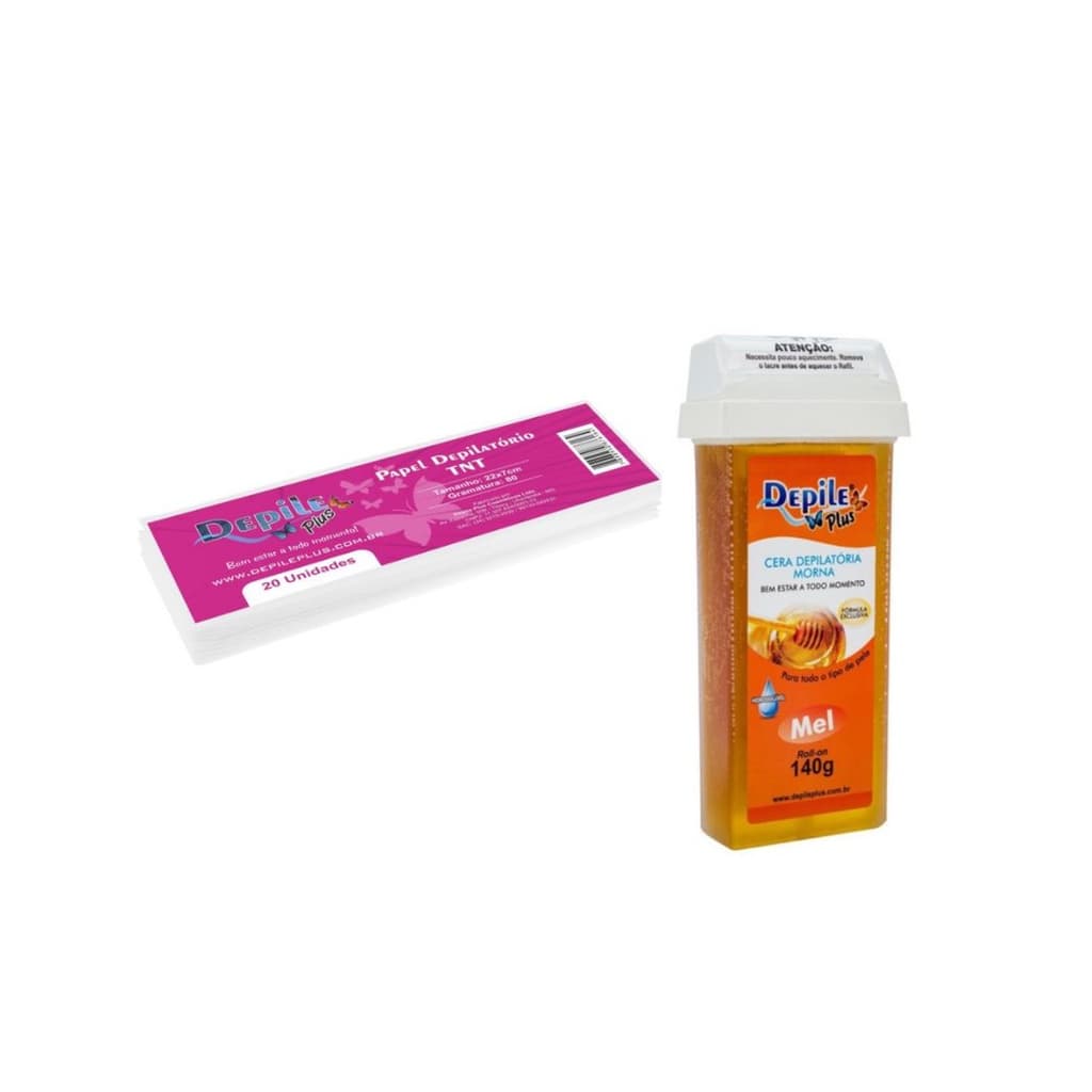 Kit Papel p/ Depilação TNT Depile Plus Gramatura 80 - 22x7cm + Cera Depilatória Roll-On Depile Plus Mel