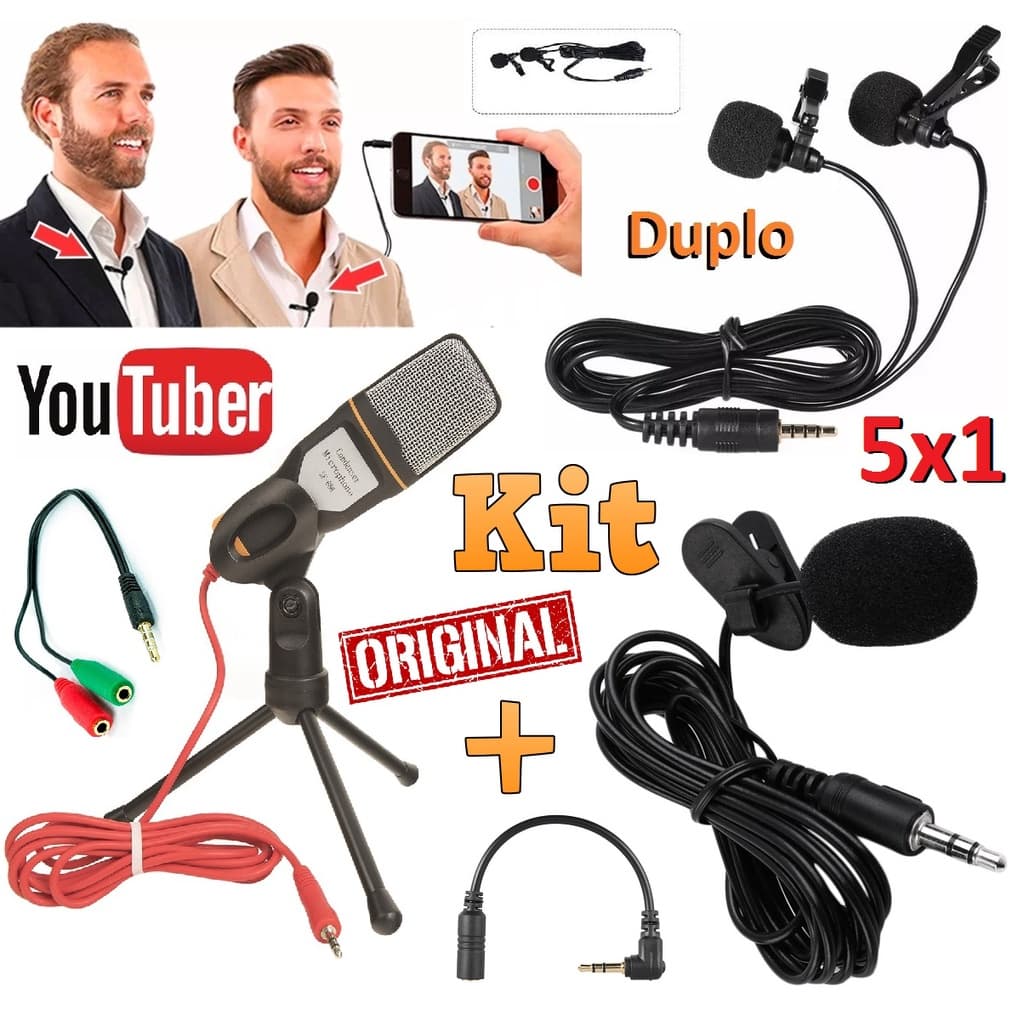 Kit Youtuber 5x1 Microfone Condensador Mesa Profissional + Microfone Duplo Lapela Celular Câmera Dslr Universal Original