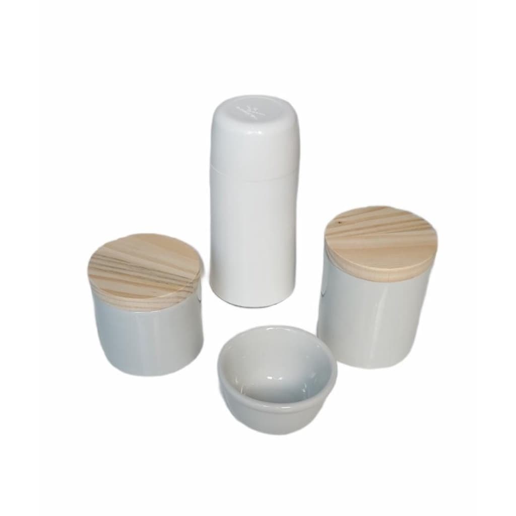 Kit Higiene Bebê Porcelana com Tampa Madeira 4 peças e garrafa térmica 250 ml maternidade menino menina