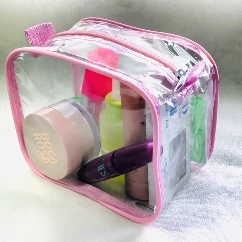 kit 3 MINI necessaire transparente e ROSA para viagem 15x12x7, maquiagem ,esmalte ,(remédios)rosa