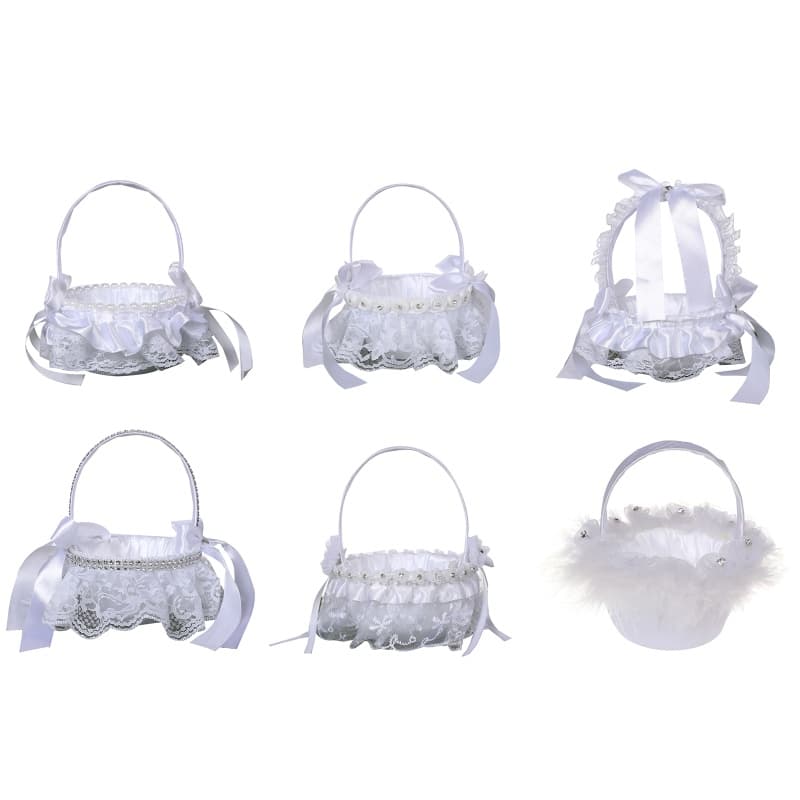 Cesta De Flores Aconchegante Para Cerimônia De Casamento , Decoração De Renda De Cetim Com Laços , Saco De Doces Falsas