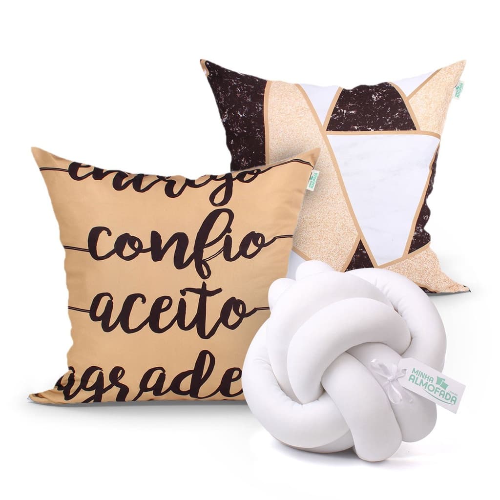 Kit Almofada Decorativa Estampada Frase 2 Unidades 45cm x 45cm com Enchimento de Silicone + Almofada Nó Escandinavo