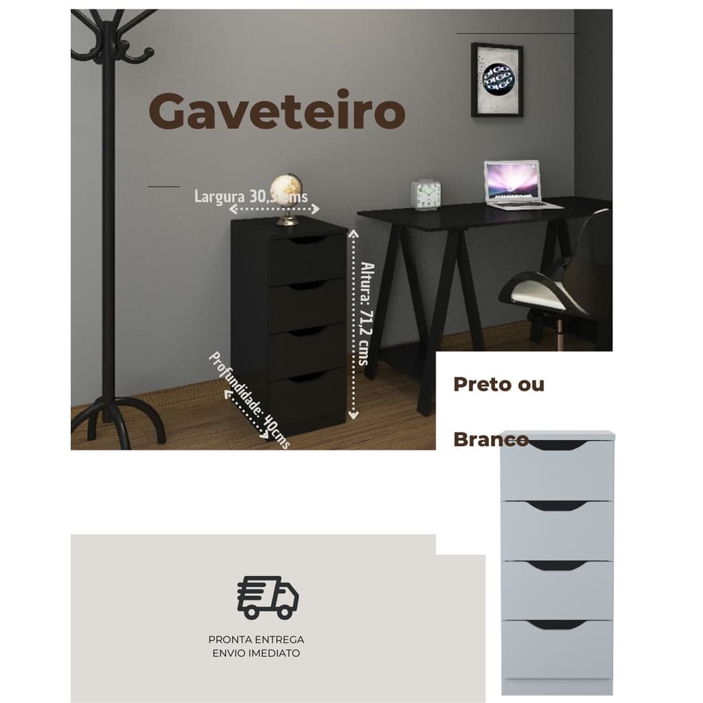 Criado Mudo Gaveteiro Decoração Escritório Bra/pre 4 Gavetas, Movel Pequeno Para Lado Cama, Armário Com 4 Gaveta,