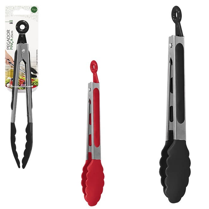 Pegador De Silicone e Inox Para Carne Churrasco Salada Cozinha Pinça 21cm