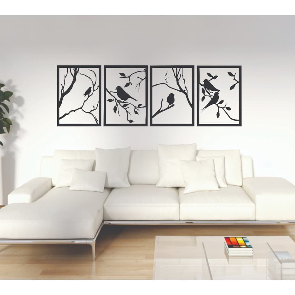 Quadro Decorativo Pássaros Árvore 4 Peças Madeira Preta Mdf