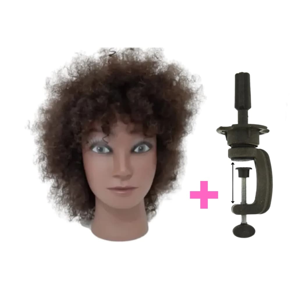 Cabeça Para Treino Afro Cacheada 100% Humana Cortes Trancas Box Breides + Suporte de Mesa