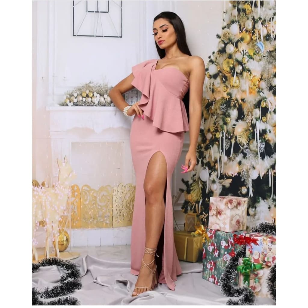 vestido longo feminino verão Festa Geral Madrinha de Casamento Formatura Crepe Modelo Babado Frente Sensual Feminina