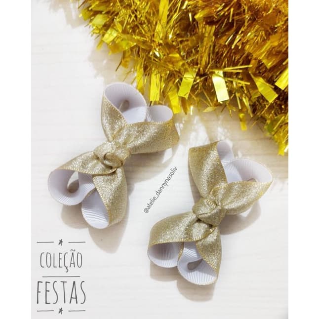 Parzinho de Laço/ Par de Laços/ Laços de luxo/ Laços com brilho/ Laços/ Laço infantil/ Laço de cabelo/ Laço de menina/ Laço dourado/ Laço branco/ Par de lacinhos