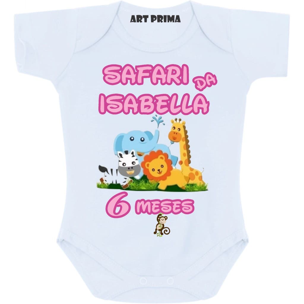 Body Safari Menina Mesversario Bodie Animais Personalizado com o Nome
