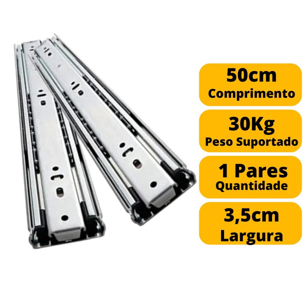 Corrediça Gaveta Trilho Telescópico 50cm 500mm Par 30kg
