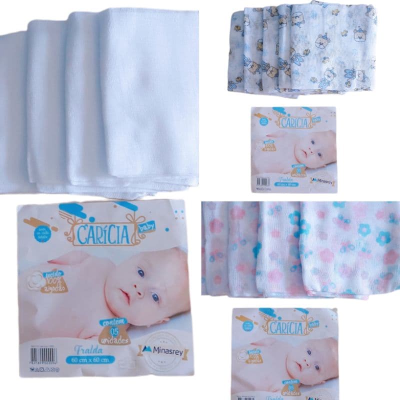 Kit 5 Fraldas de Pano para Bebê Tecido Algodão Carícia Minasrey