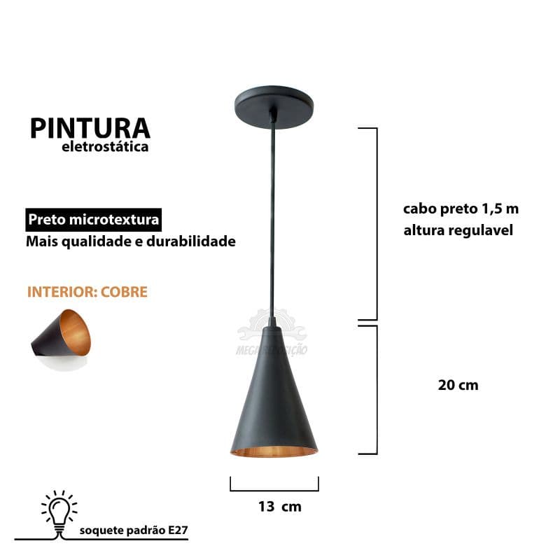Pendente Cone Preto Com Cobre Bancada Cozinha Gourmet