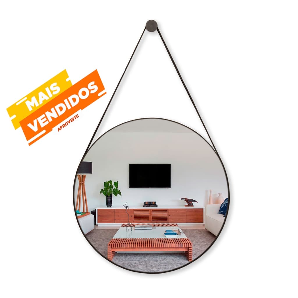 Espelho Decorativo Vintage 40 e 60cm Adnet Alça Couro + Suporte Completo