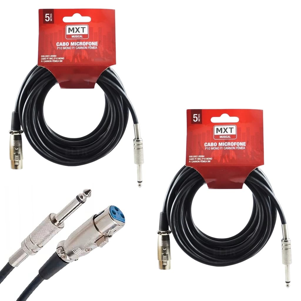 Kit 2 Cabo Microfone Xlr Canon P10 Mono Violão 5m Metros Mesa som Amplificador Profissional Mxt