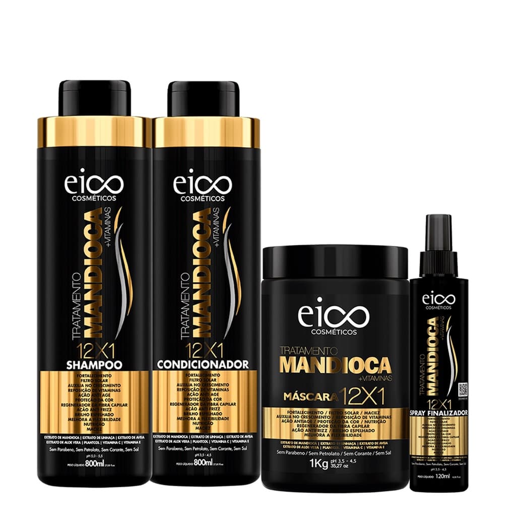 Kit Eico Tratamento capilar Mandioca Shampoo e Condicionador 800ml + Máscara hidratação 1kg + spray Finalizador 120ml - Restauração Hidratação Crescimento Brilho Antifrizz e Proteção