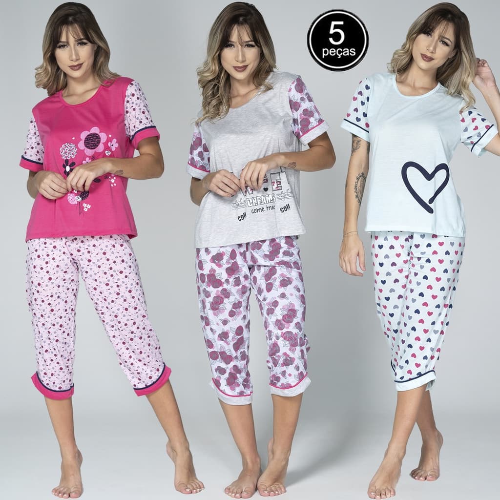 Kit 5 Pijamas Jsm Pescador Inverno Feminino Noite Calça Blusa Meia Estação