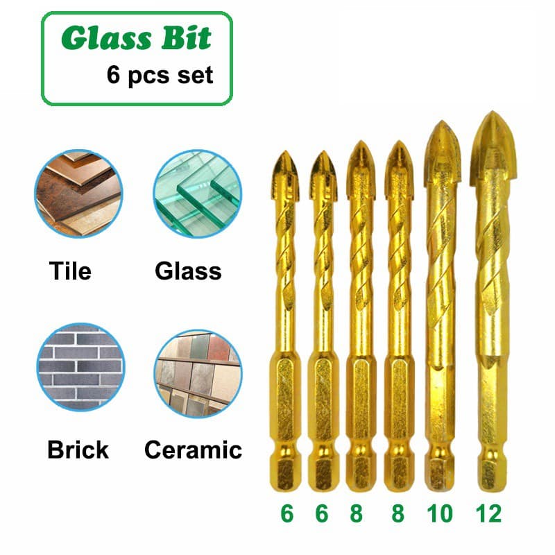6 Pçs 1/4 " Hex Shank Torção Bits De Vidro Titânio Cerâmica Perfuração Broca Conjunto Telha Concreto Cruz Ponta Buraco B