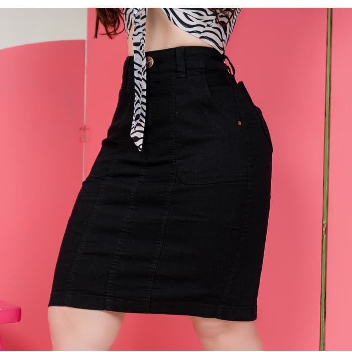 Saia Secretária Midi Evangélica Jeans com Laycra Preta