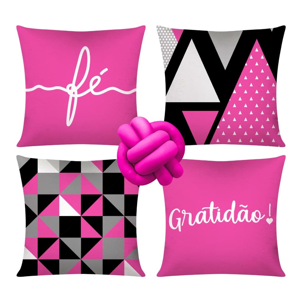 Kit c/ 4 Capas de Almofada Decorativas 42x42 + 1 Almofada de Nó Kit Gratidão e Fé Pink