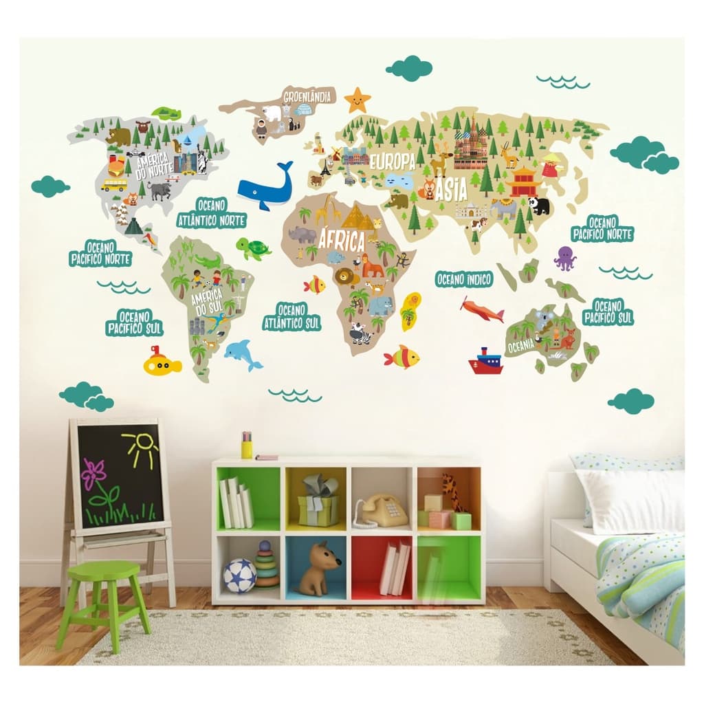 Adesivo Infantil Mapa Mundi Grande G 2,40m² Já Recortado M11