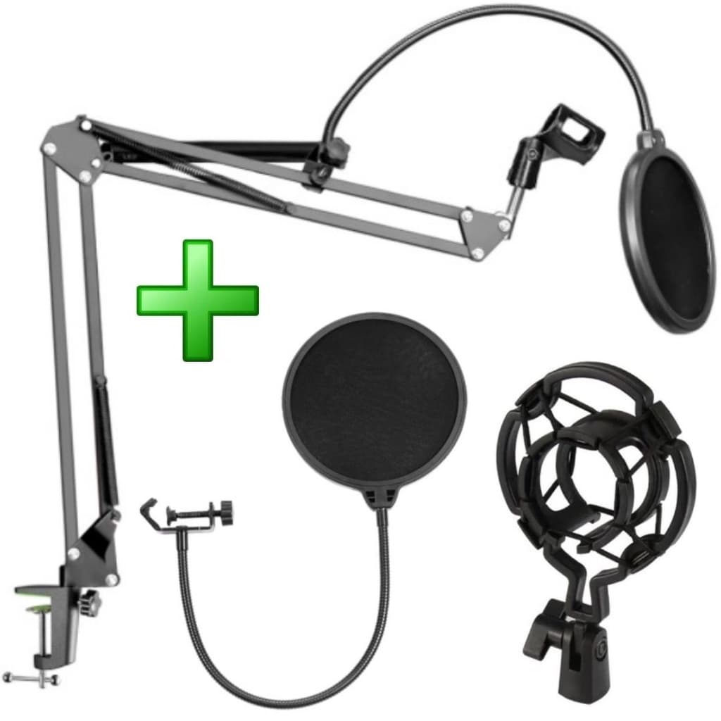 Kit Braço Articulado Mesa Suporte Microfone Shock Mount Aranha + Pop Filter