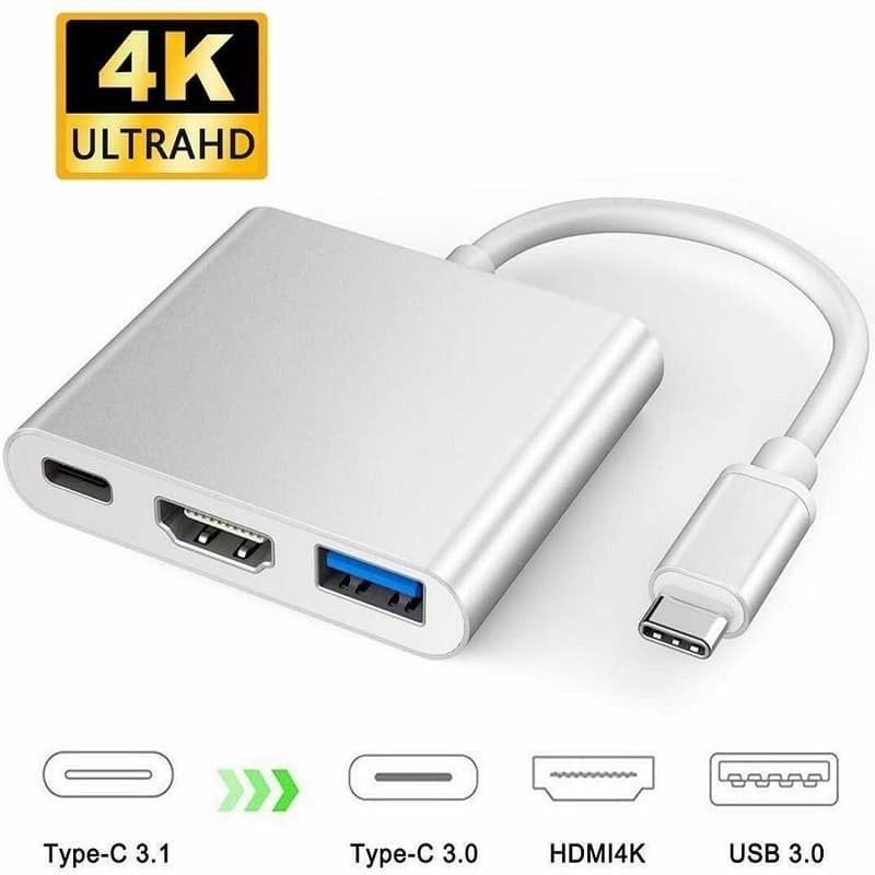 Adaptador/Dongle Muti-Portes 3 Em 1 USB 3.1 Tipo C Para HDMI 3.0 HUB
