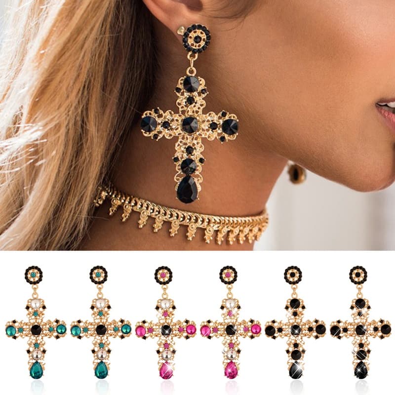 Doublebuy Elegante Para Cruz Boho Feminino Senhora Strass Pendurado Gota Orelha De