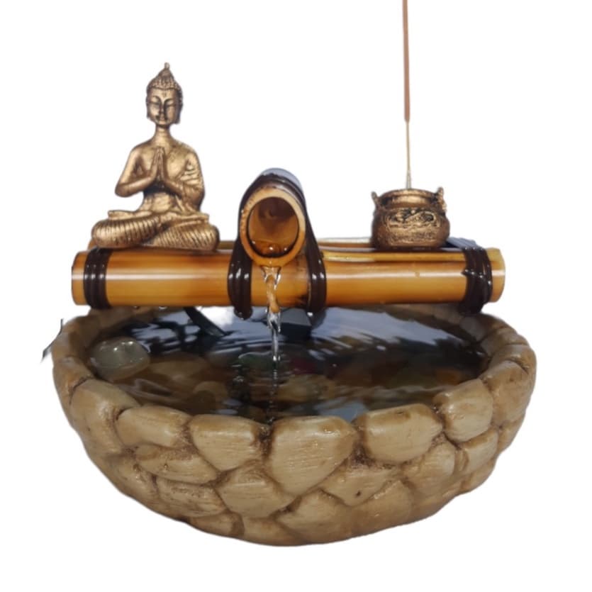 Fonte de Agua de Mesa Cascata Bambu com Buda e Incensário Caldeirão Mini